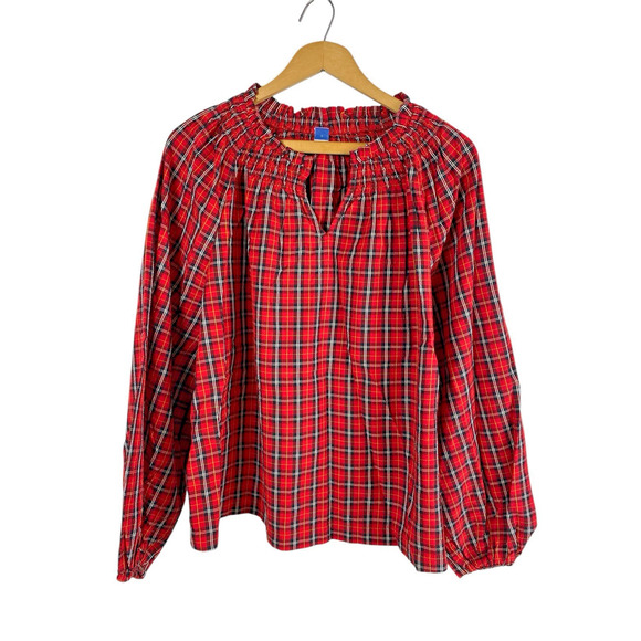 Old Navy Blouse Top Red Plaid Tartan Check Womens Smocked Christmas Preppy L New - Picture 2 of 16